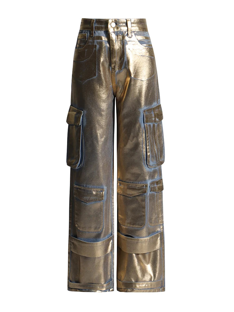 Metallic-Look Wide-Leg Cargo Pants