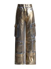 Metallic-Look Wide-Leg Cargo Pants