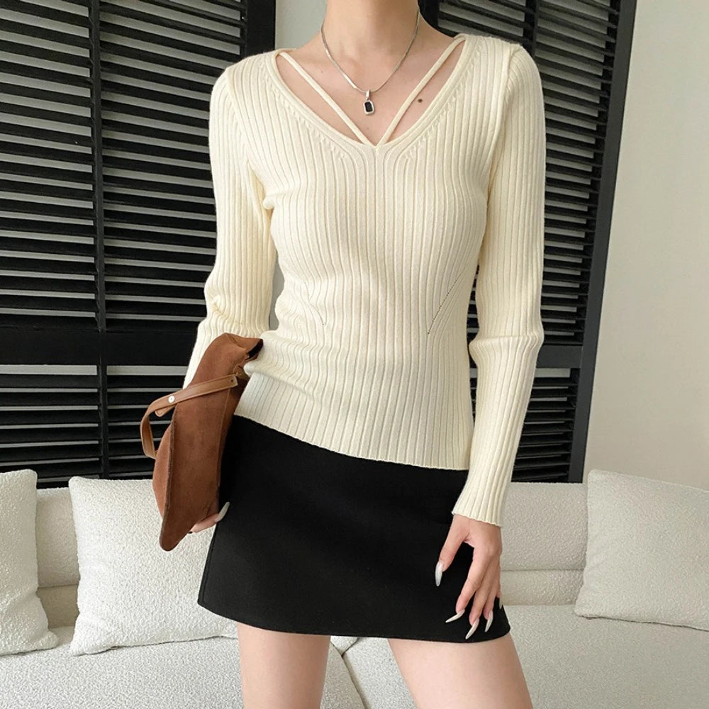 Strappy V-Neck Ribbed Sweater