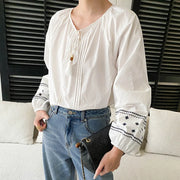 Tassel-Neck Embroidered-Cuff Blouse