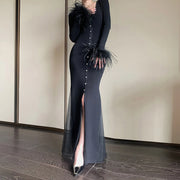 Fringed-Cuff Split-Hem Long Dress