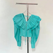 Pleated-Ruffle V-Neck Cropped Blouse