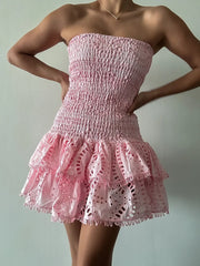 Smocked Strapless Ruffle Mini Dress