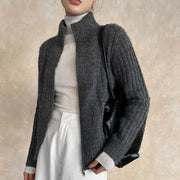 Openwork Zip-Up Stand-Collar Cardigan