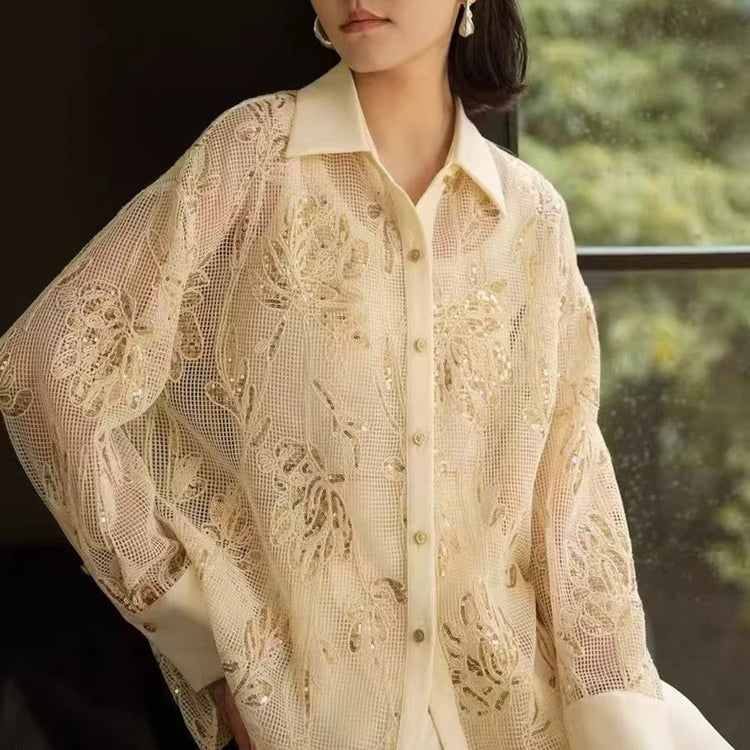 Sheer Floral Lace Button Shirt