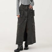 Cargo-Pocket Split-Front Long Skirt