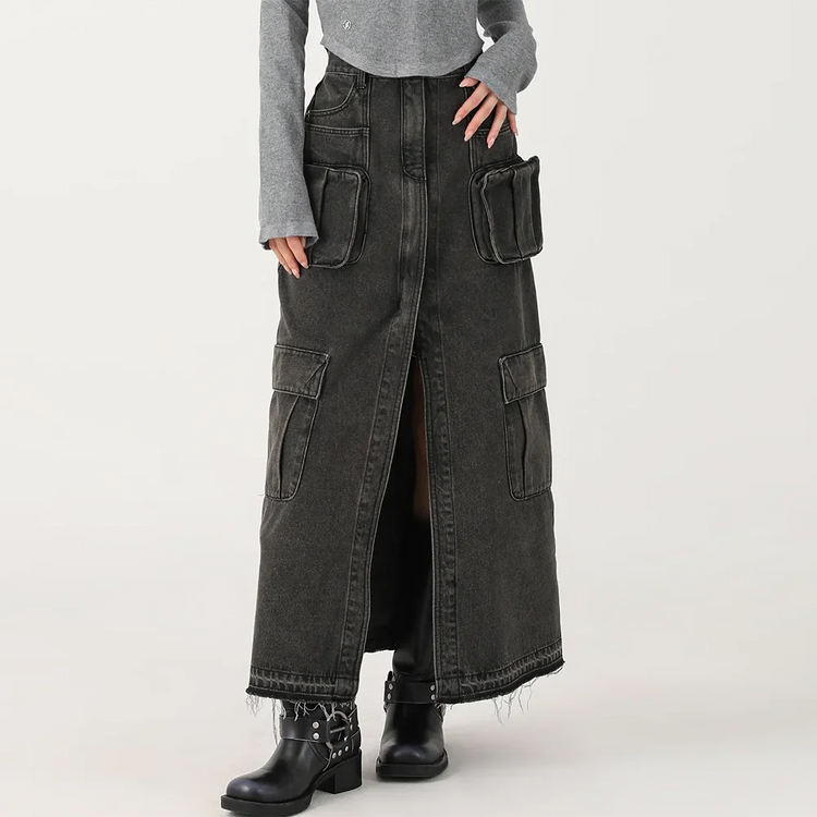 Cargo-Pocket Split-Front Long Skirt