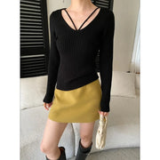 Strappy V-Neck Ribbed Sweater