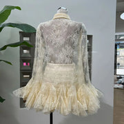 Sheer Lace Ruffle-Hem Shirt Dress