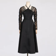 Sheer-Sleeve Halter Flared Dress