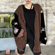 Floral-Sleeve Open-Front Cardigan