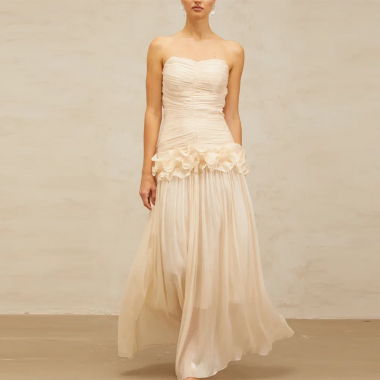 Ruched Strapless Ruffle-Waist Dress
