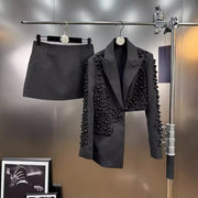 TWOTWINSTYLE White Spliced Pearls Two Piece Set Female Lapel Long Sleeve Jacket Light Luxury Women's Skirt Set Fashion Style