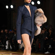 Pinstriped Deep-V Fitted Blazer
