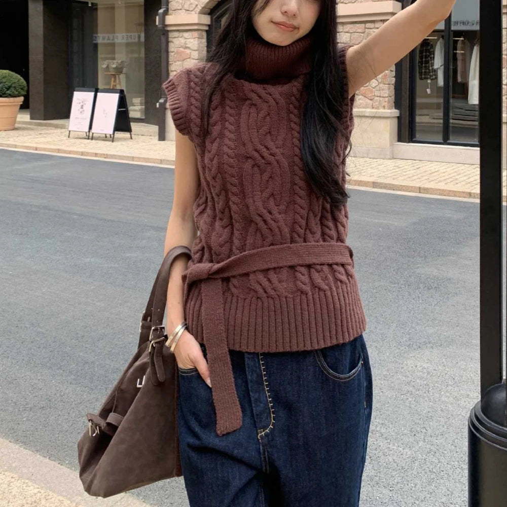 Cable-Knit Turtleneck Sweater Vest