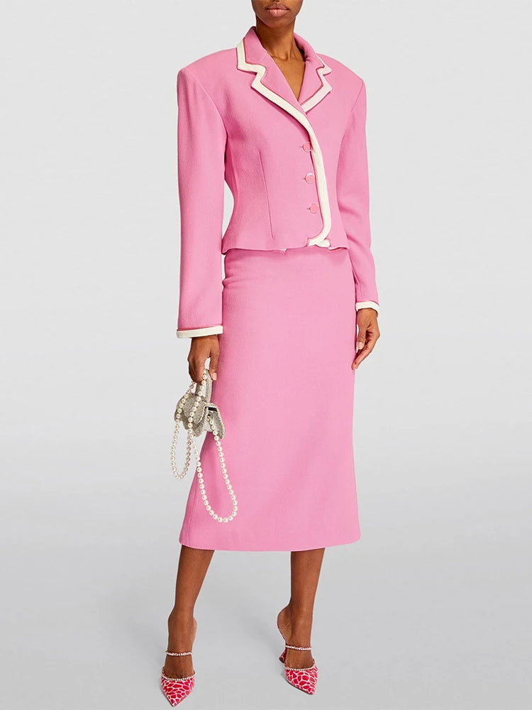 Contrast-Trim Jacket and Skirt Set