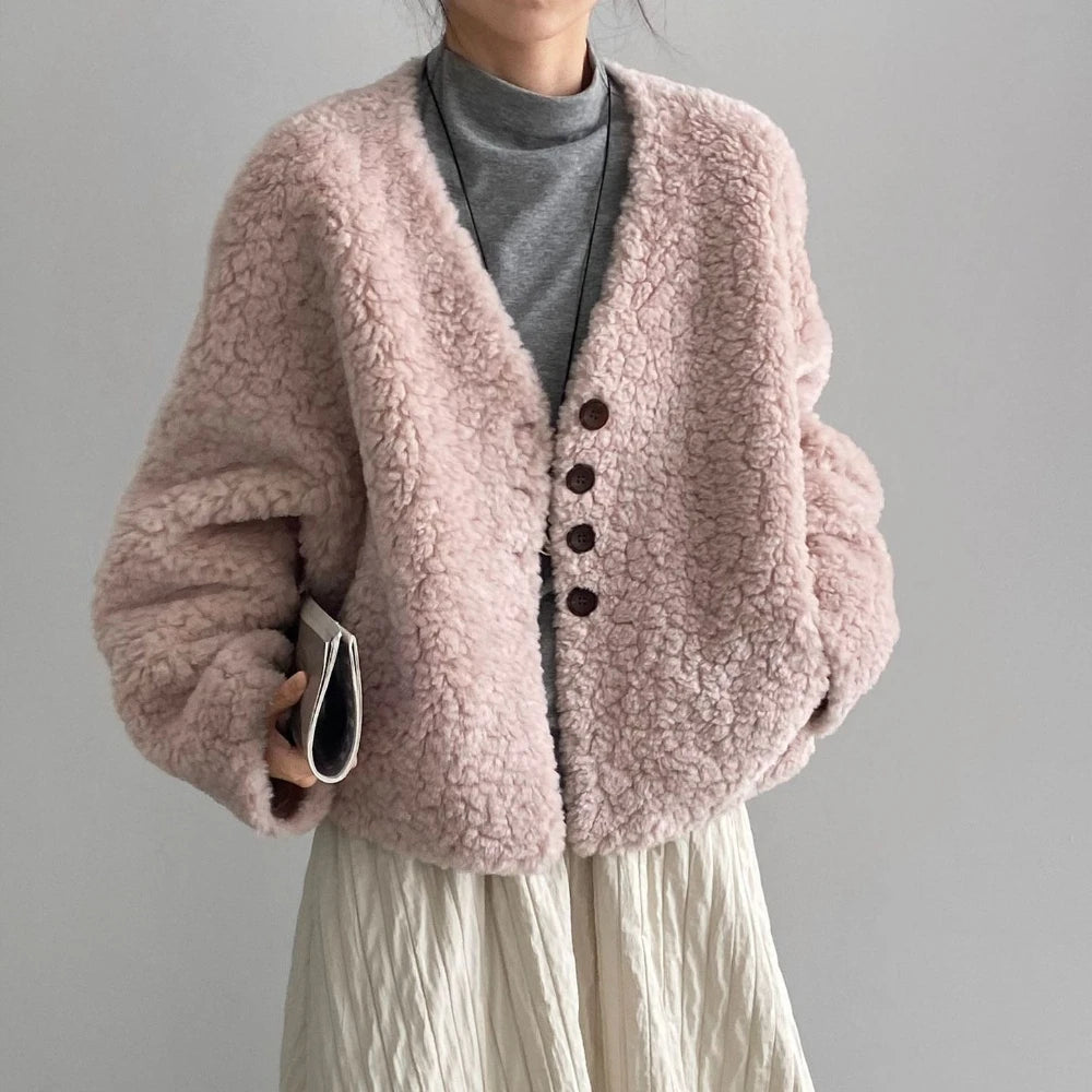 Textured V-Neck Button Jacket