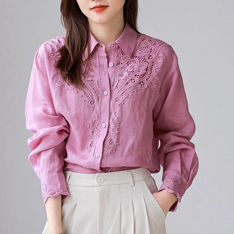 Lace-Trim Collared Button Shirt