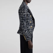 Script-Print Double-Breasted Blazer