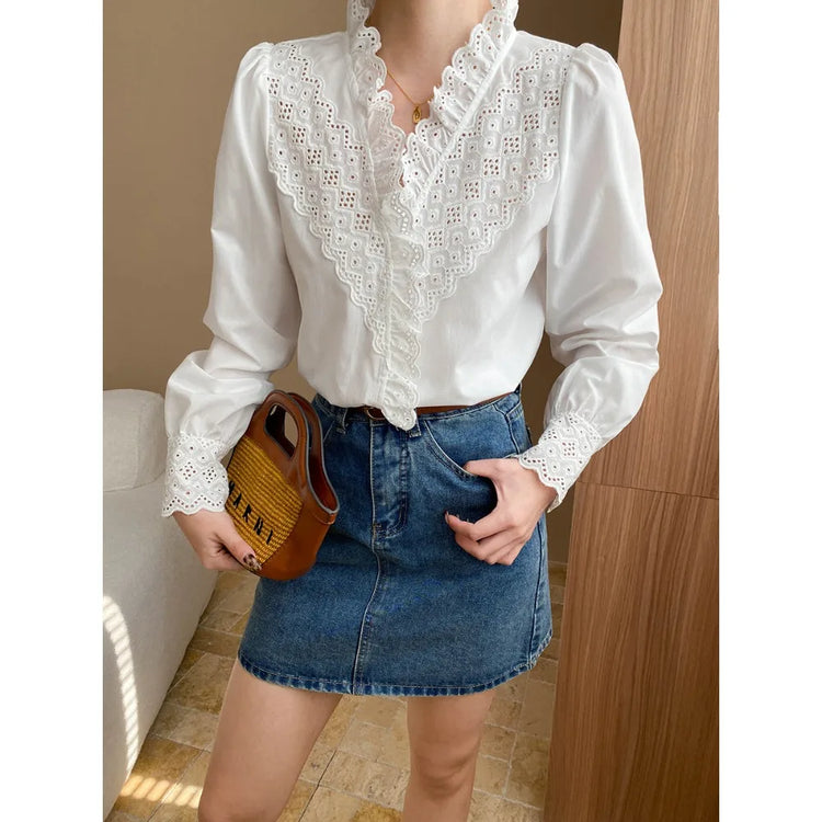 Eyelet-Trim Long-Sleeve Blouse
