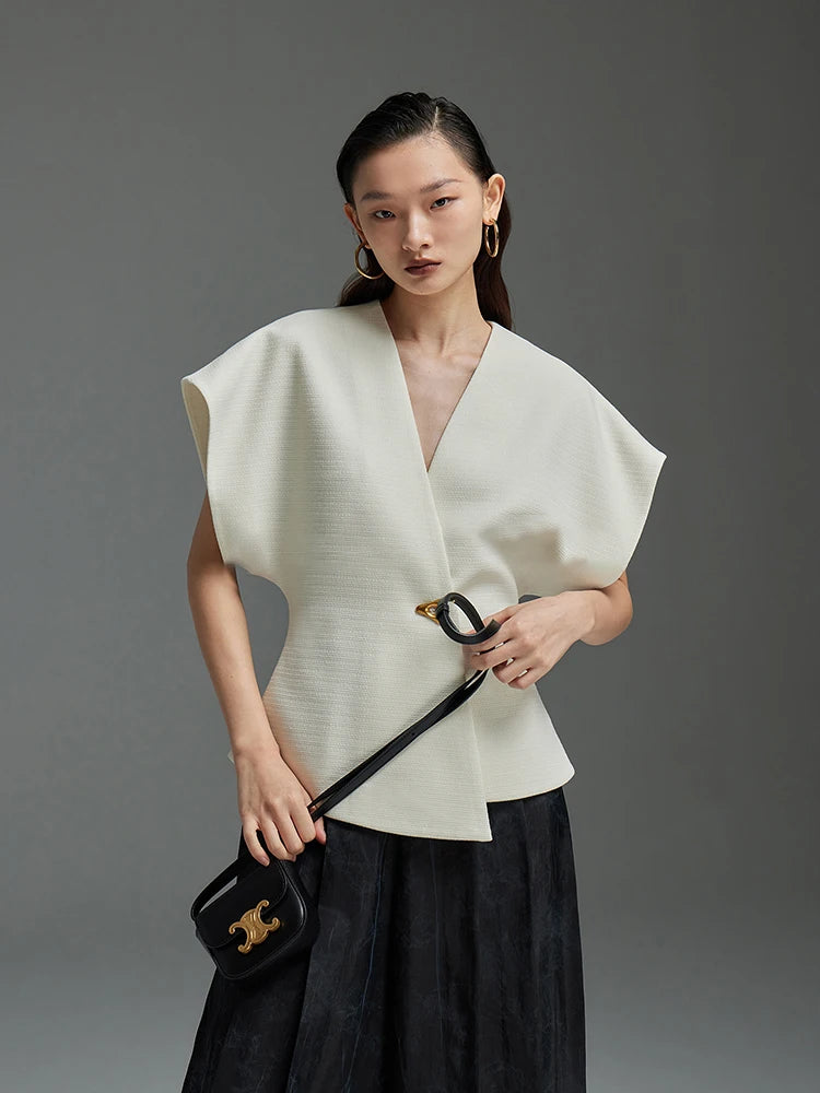 Asymmetric V-Neck Sleeveless Jacket