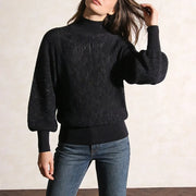 Ribbed High-Neck Balloon-Sleeve Sweater