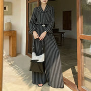 TWOTWINSTYLE Casual Striped Two Piece Set for Women Lapel Long Sleeves Spliced Pockets Top High Waist Wide Leg Pant Sets Female