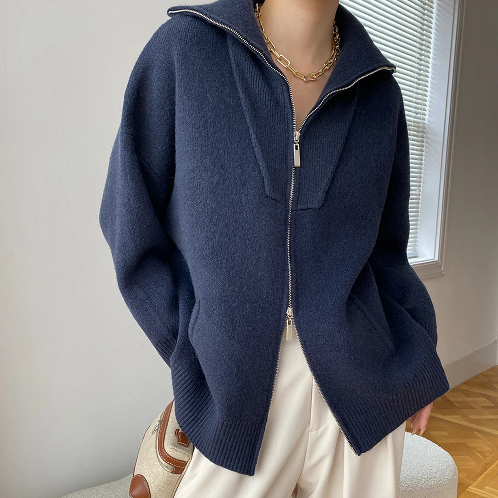 Stand-Collar Zip-Up Cardigan
