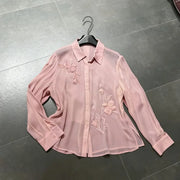 Floral-Detail Sheer Button Shirt