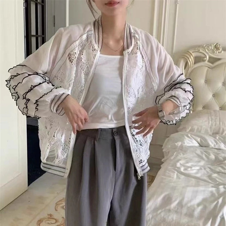 Ruffle-Sleeve Lace-Panel Jacket
