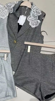 Lace-Collar Vest and Shorts Set