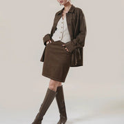 TWOTWINSTYLE Coffee Spliced Pocket Two Piece Set Female Lapel Long Sleeve Shirt Casual Women's Short Pants Set Fashion Style New