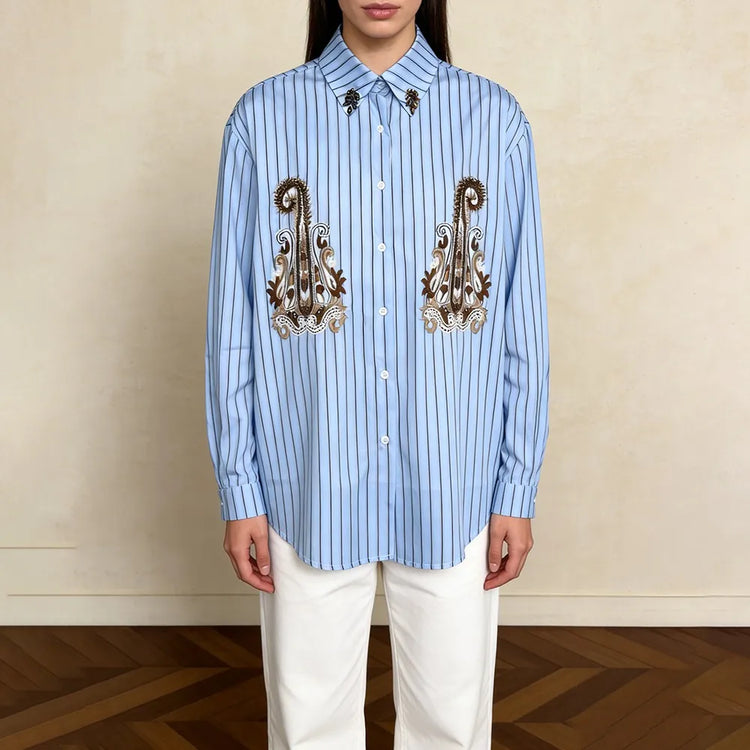 Paisley-Detail Striped Button Shirt
