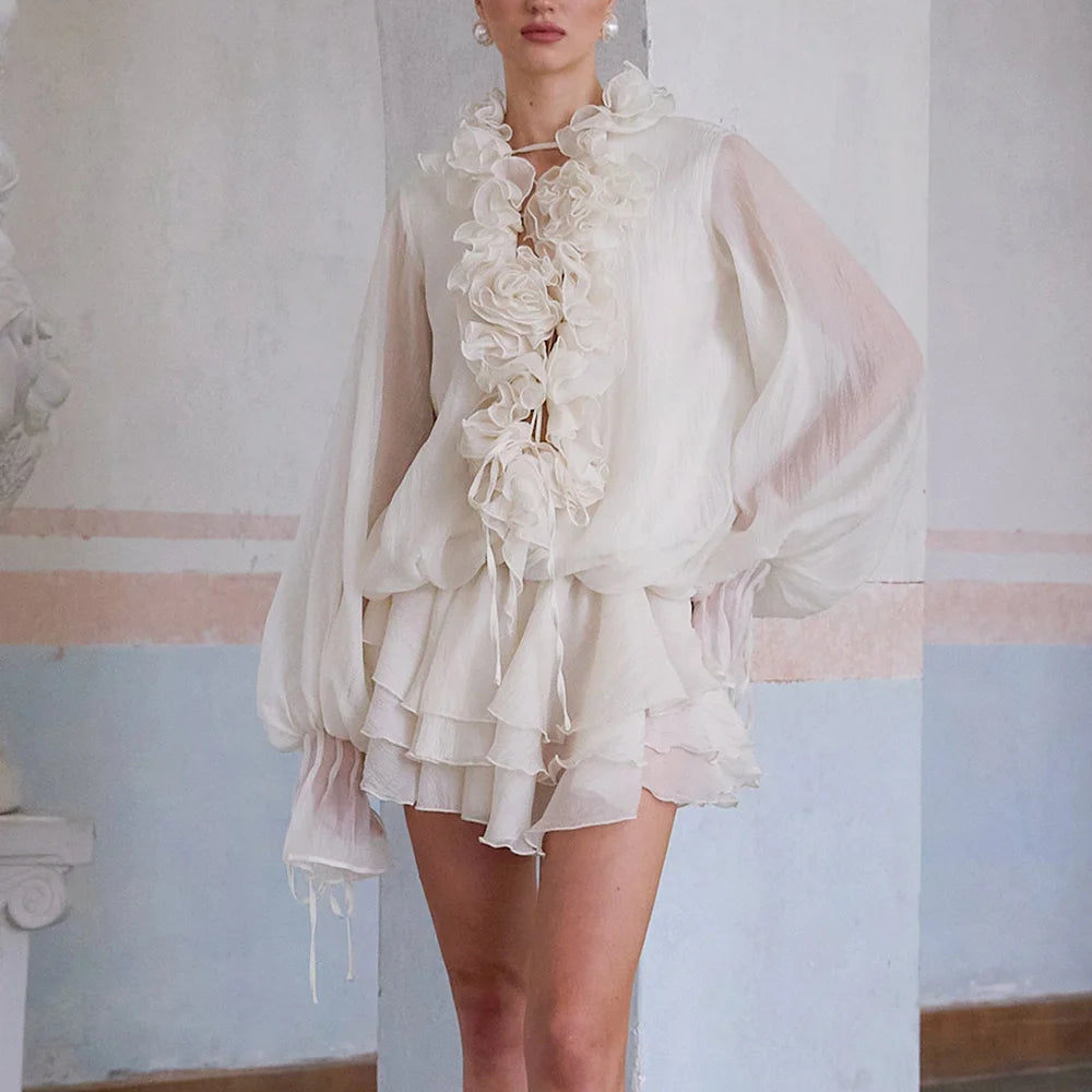 Ruffle-Trim Long-Sleeve Mini Dress