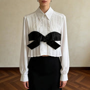 Contrast-Bow Pleated Shirt