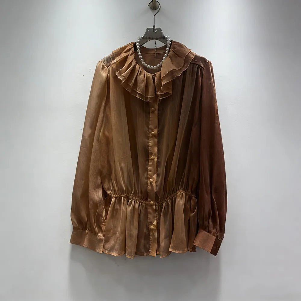 Sheer Ruffle-Collar Peplum Blouse