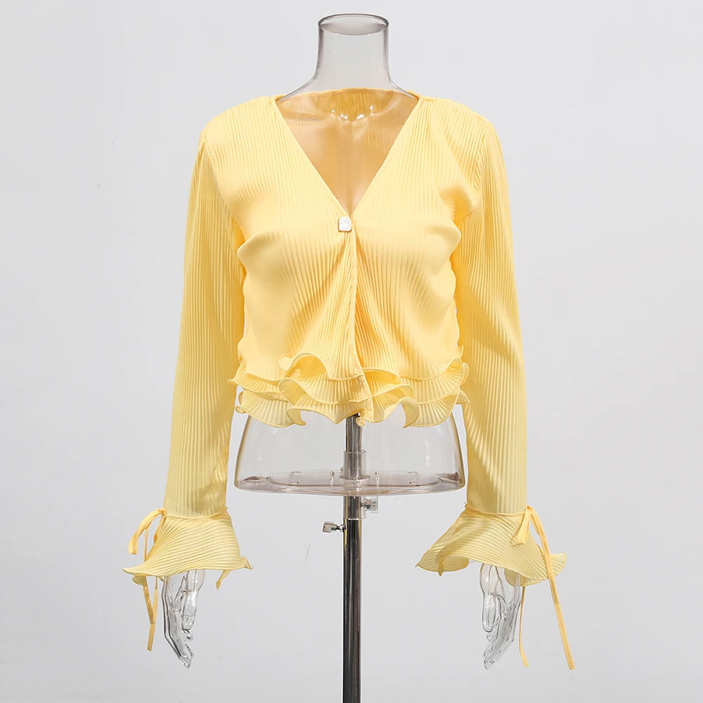 Flared-Cuff Ruffle-Hem Blouse