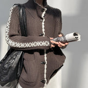 Contrast-Trim Chunky Button Cardigan