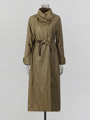 Asymmetric-Collar Tie-Waist Trench Coat