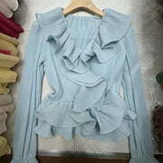 Ruffled V-Neck Cropped Blouse