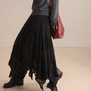 Lace-Panel Asymmetric Midi Skirt