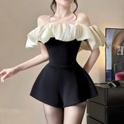 Contrast-Ruffle Off-Shoulder Romper