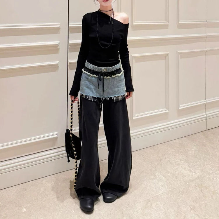 Contrast-Panel Wide-Leg Pants