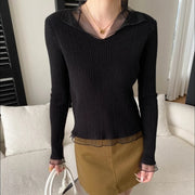 Ribbed Sheer-Collar Top