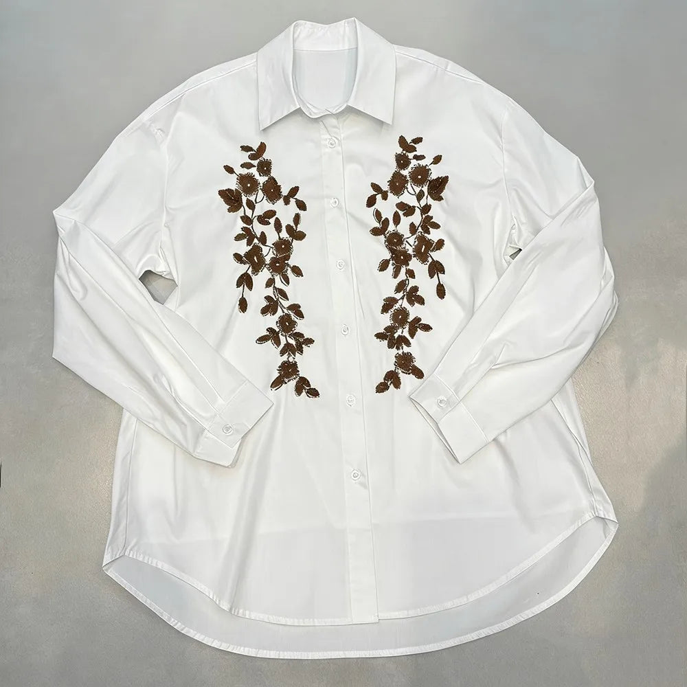Contrast Leaf-Detail Button Shirt