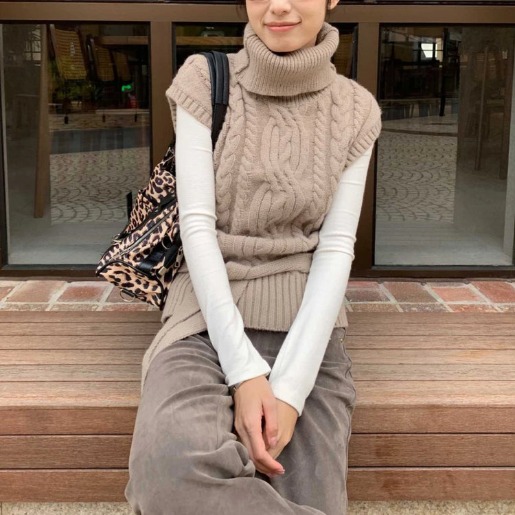 Cable-Knit Turtleneck Sweater Vest