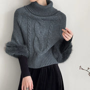 Fluffy-Cuff Cable-Knit Sweater