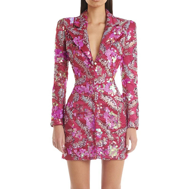 Sequin Long-Sleeve Blazer Dress