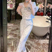 TWOTWINSTYLE Solid Sheer Two Piece Sets for Women V Neck Short Sleeve Spliced Single Breasted Top High Waist Pant Set Female New