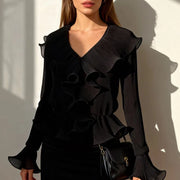 Ruffled V-Neck Cropped Blouse